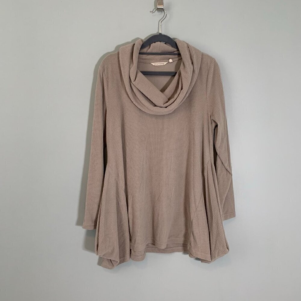 Soft Surroundings Cowl Neck Tunic Top Women PM Taupe‎ Waffle Knit Sharkbite Hem